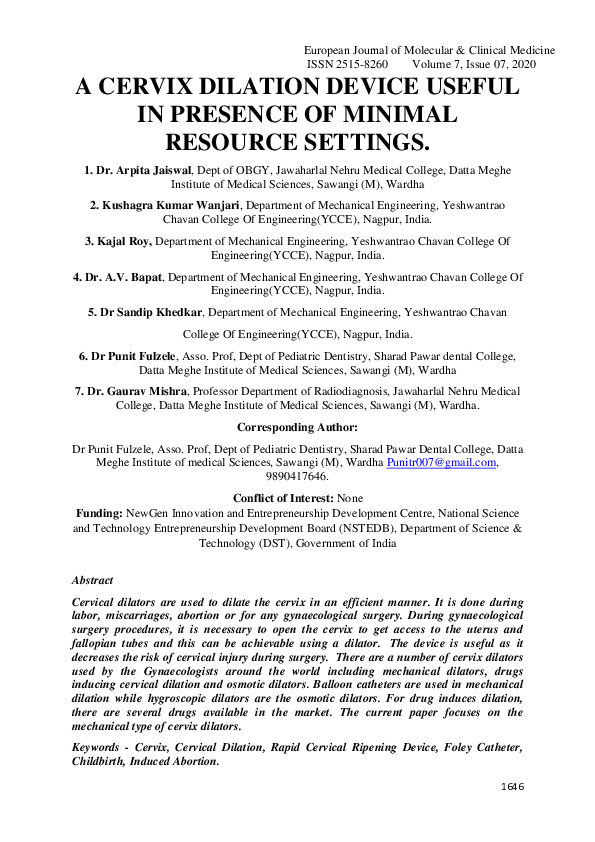 (PDF) A Cervix Dilation Device Useful in Presence of Minimal Resource