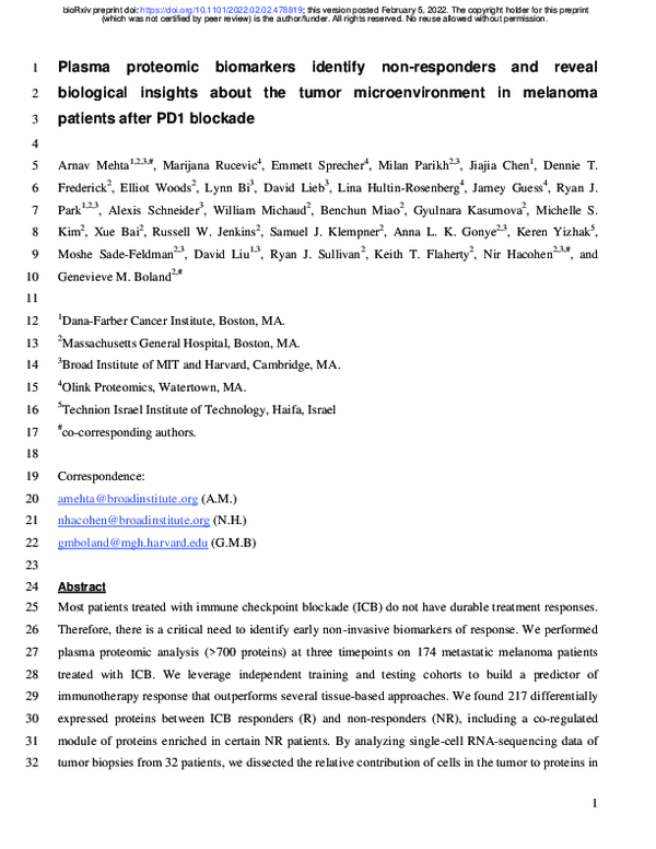 (PDF) Plasma proteomic biomarkers identify non-responders and reveal ...
