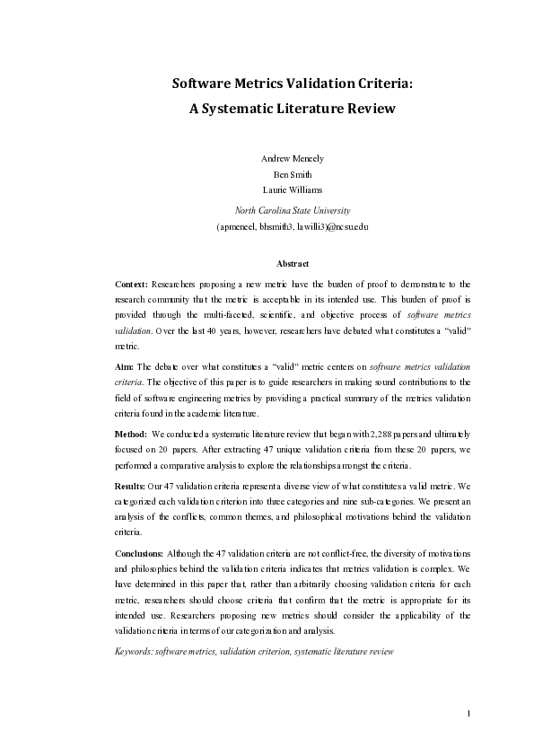 (PDF) Software metrics validation criteria: a systematic literature review