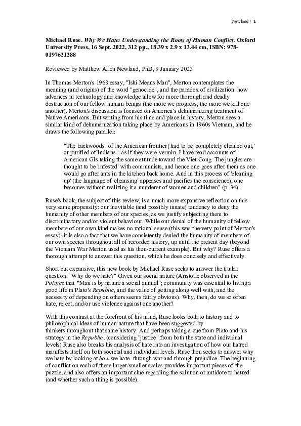 (PDF) Book Review: Michael Ruse. Why We Hate: Understanding the Roots ...