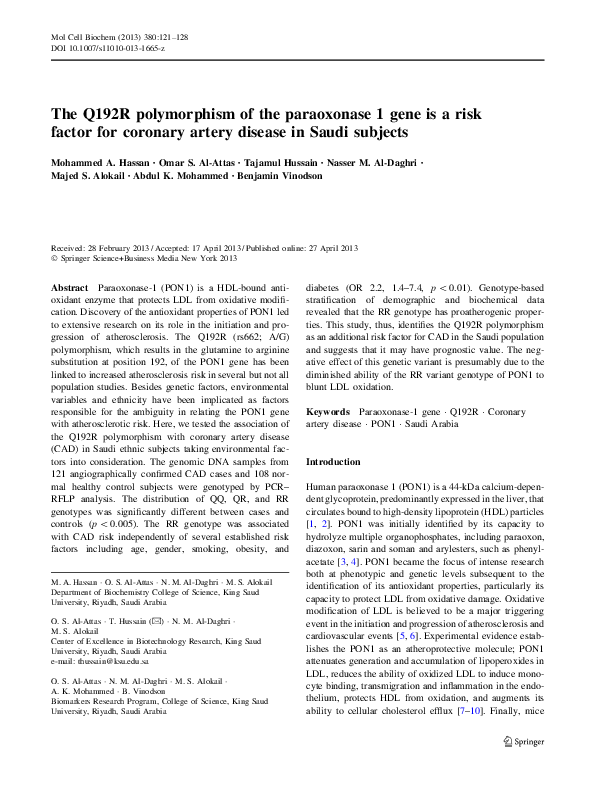 (PDF) The Q192R polymorphism of the paraoxonase 1 gene is a risk factor ...