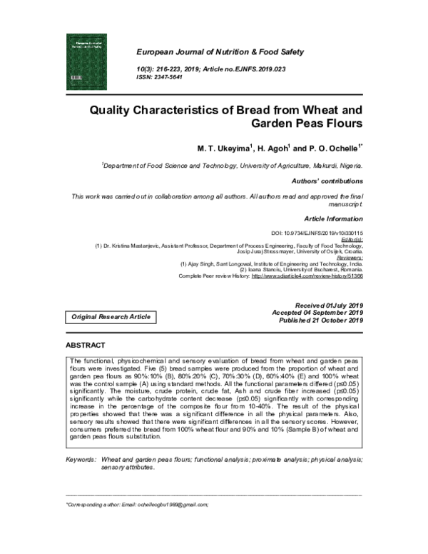 (PDF) Quality Characteristics of Bread from Wheat and Garden Peas Flours