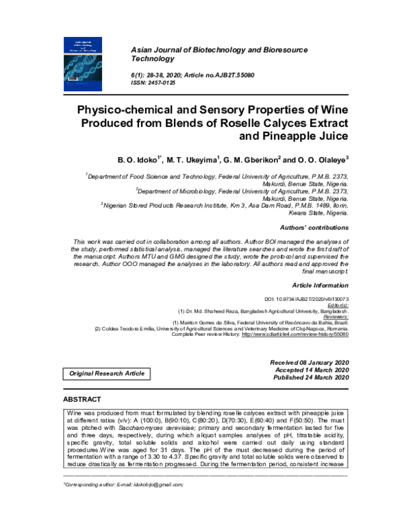 (PDF) Physico-chemical and Sensory Properties of Wine Produced from ...