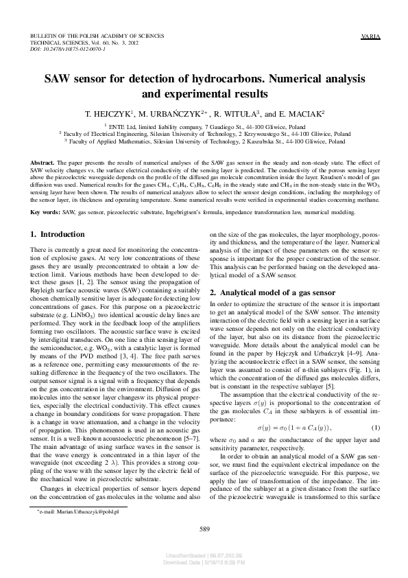 (PDF) SAW sensor for detection of hydrocarbons. Numerical analysis and ...