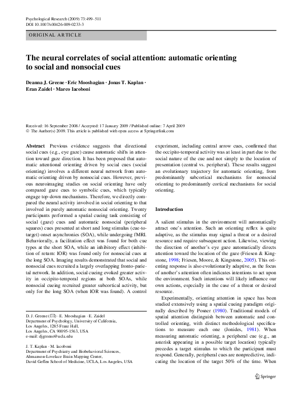 (PDF) The neural correlates of social attention: automatic orienting to ...