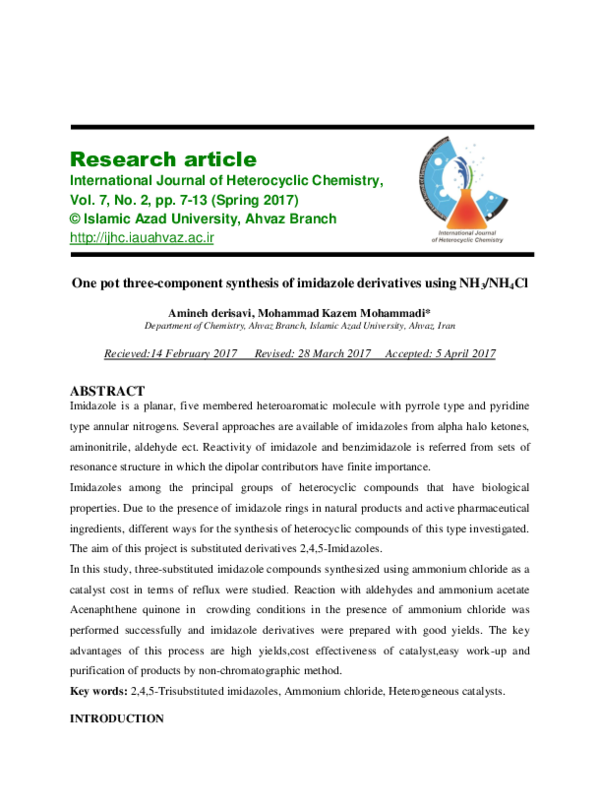 (PDF) One pot three-component synthesis of imidazole derivatives using ...