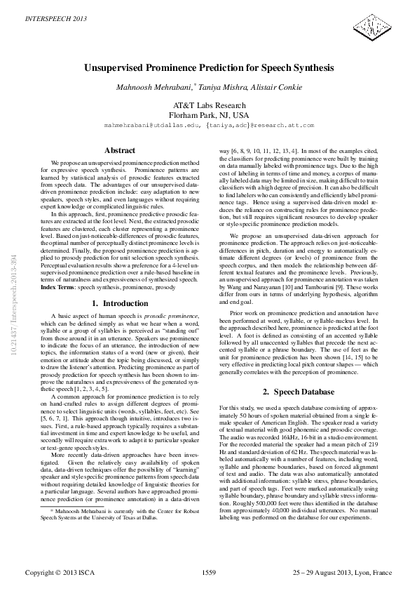 (PDF) Unsupervised prominence prediction for speech synthesis