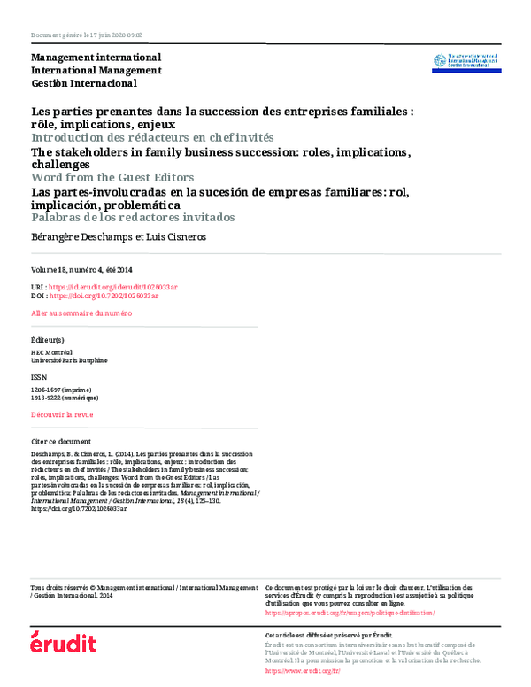 (PDF) Les parties prenantes dans la succession des entreprises ...