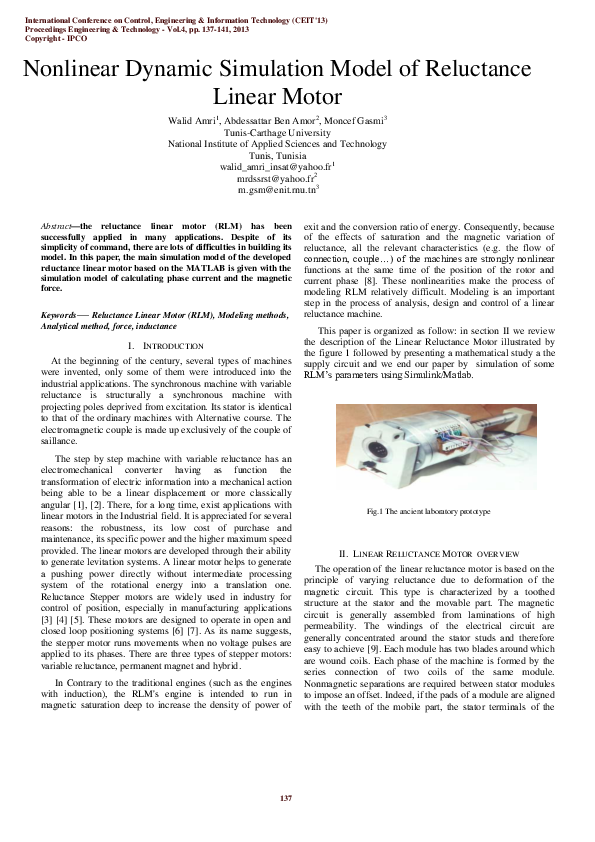 (PDF) Nonlinear Dynamic Simulation Model of Reluctance Linear Motor