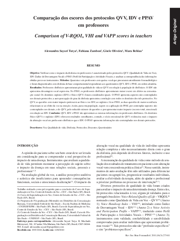 (PDF) Comparação dos escores dos protocolos QVV, IDV e PPAV em professores
