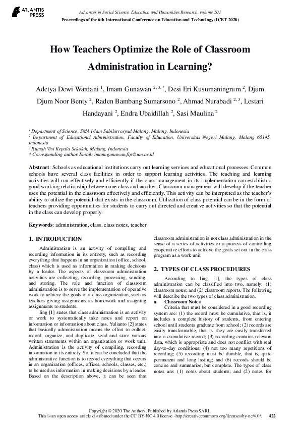 (PDF) How Teachers Optimize the Role of Classroom Administration in