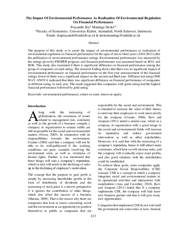 (PDF) The Impact of Environmental Performance as Realization of ...