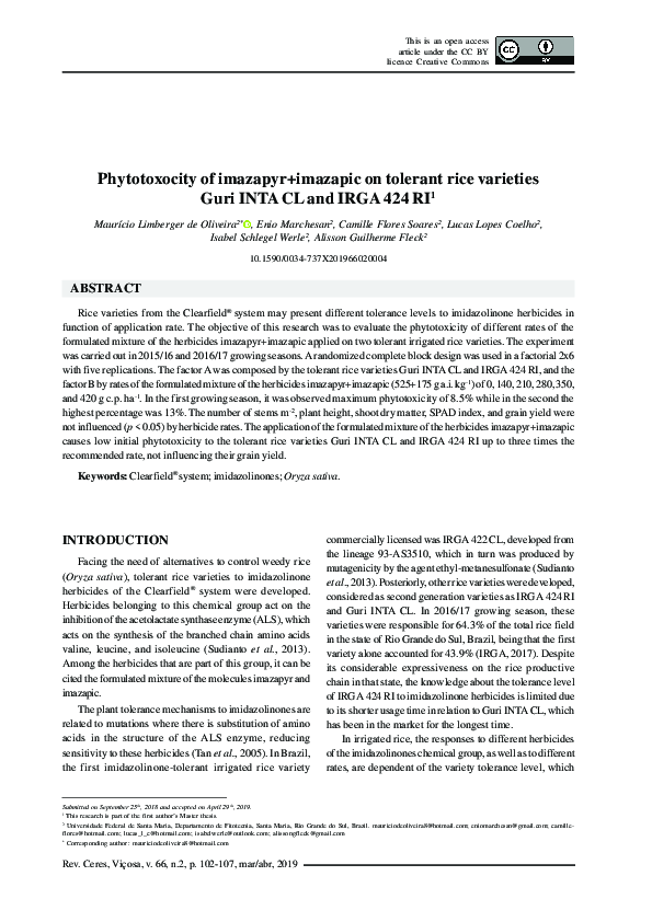 (PDF) Phytotoxocity of imazapyr+imazapic on tolerant rice varieties ...