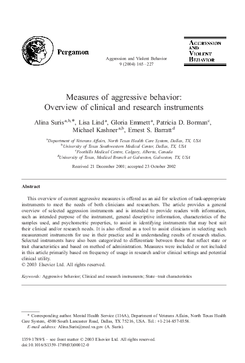 (PDF) Measures of aggressive behavior: overview of clinical and ...