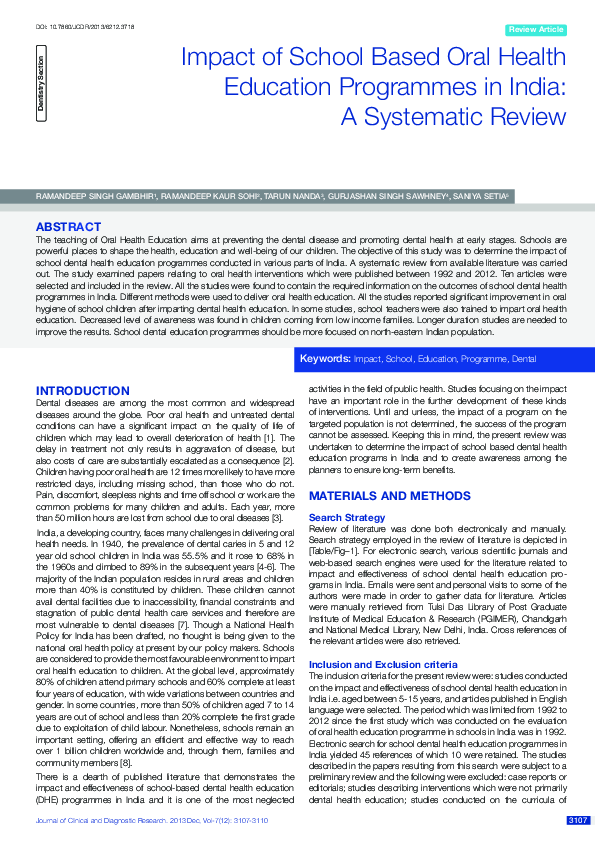 (PDF) Impact of School Based Oral Health Education Programmes in India ...