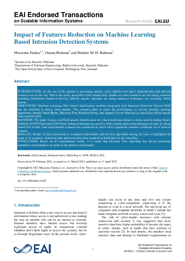 (PDF) Impact of Features Reduction on Machine Learning Based Intrusion ...