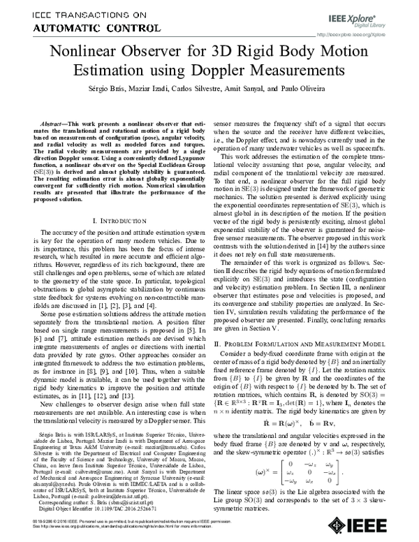 (PDF) Nonlinear Observer for 3D Rigid Body Motion Estimation Using ...