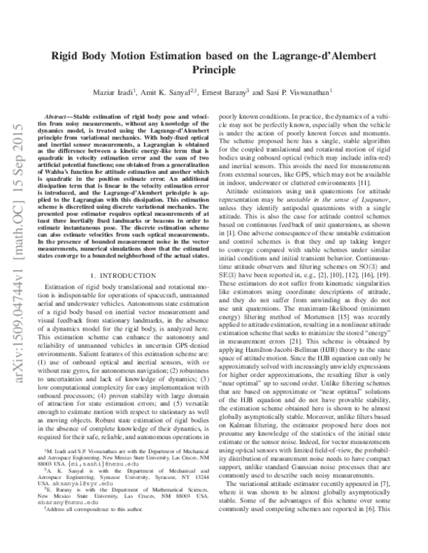(PDF) Rigid body motion estimation based on the Lagrange-d'Alembert ...
