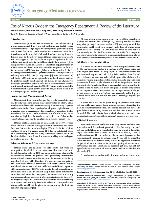 (PDF) Use of Nitrous Oxide in the Emergency Department A Review of the