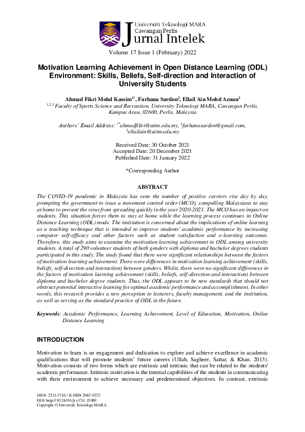 (PDF) Motivation Learning Achievement in Open Distance Learning (ODL ...