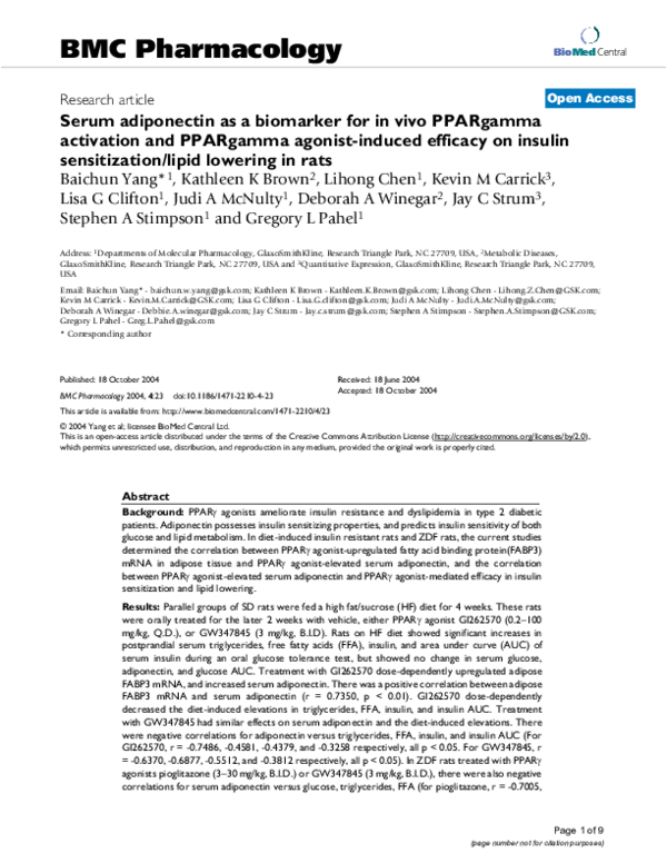 (PDF) Serum adiponectin as a biomarker for in vivo PPARgamma activation ...