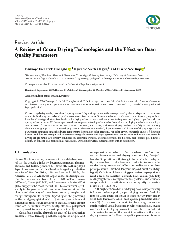 (PDF) A Review of Cocoa Drying Technologies and the Effect on Bean