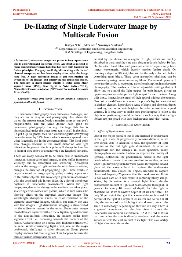 (PDF) De-Hazing of Single Underwater Image by Multiscale Fusion