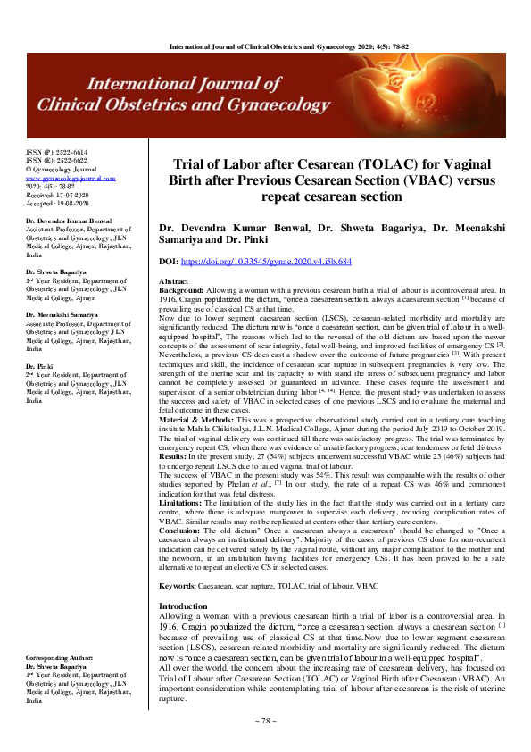 (PDF) Trial of Labor after Cesarean (TOLAC) for Vaginal Birth after ...