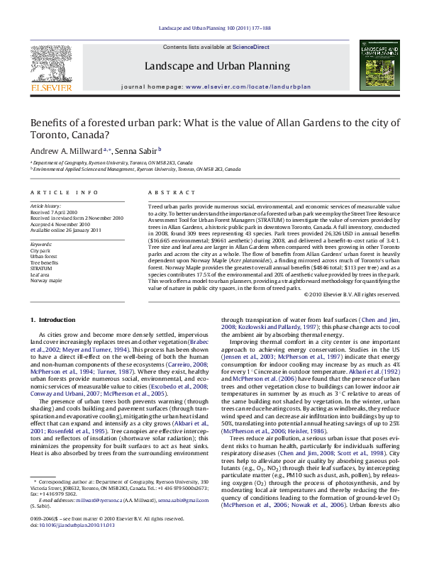 (PDF) Benefits of a forested urban park: What is the value of Allan ...