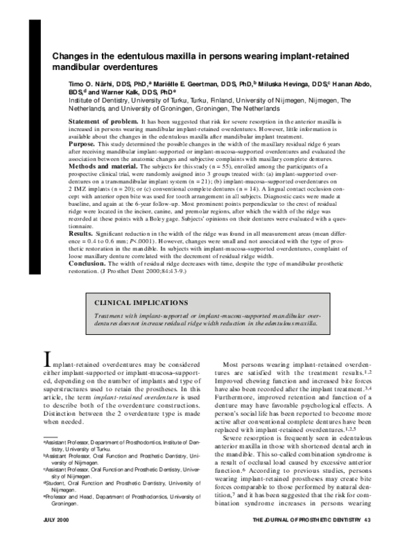 (PDF) Changes in the edentulous maxilla in persons wearing implantretained mandibular