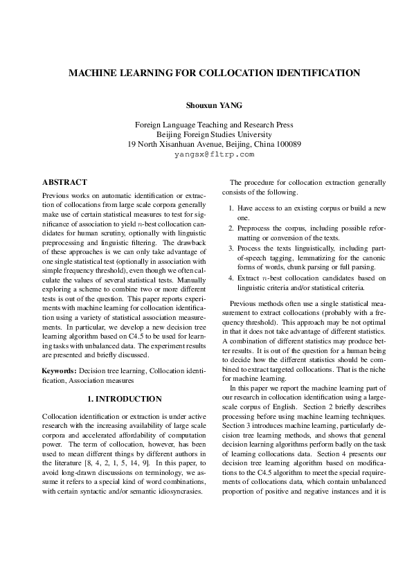 (PDF) Machine learning for collocation identification