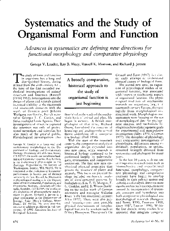 (PDF) Systematics and the Study of Organismal Form and Function