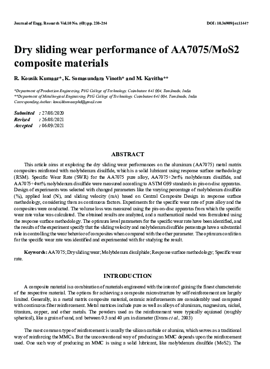 (PDF) Dry sliding wear performance of AA7075/MoS2 composite materials