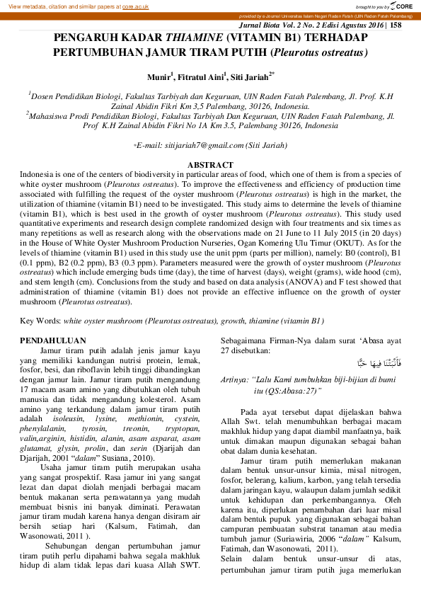 (PDF) PENGARUH KADAR THIAMINE (VITAMIN B1) TERHADAP PERTUMBUHAN JAMUR TIRAM PUTIH (Pleurotus