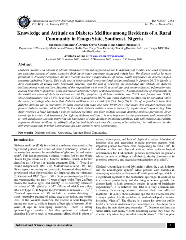 (PDF) Knowledge and Attitude on Diabetes Mellitus among Residents of A ...