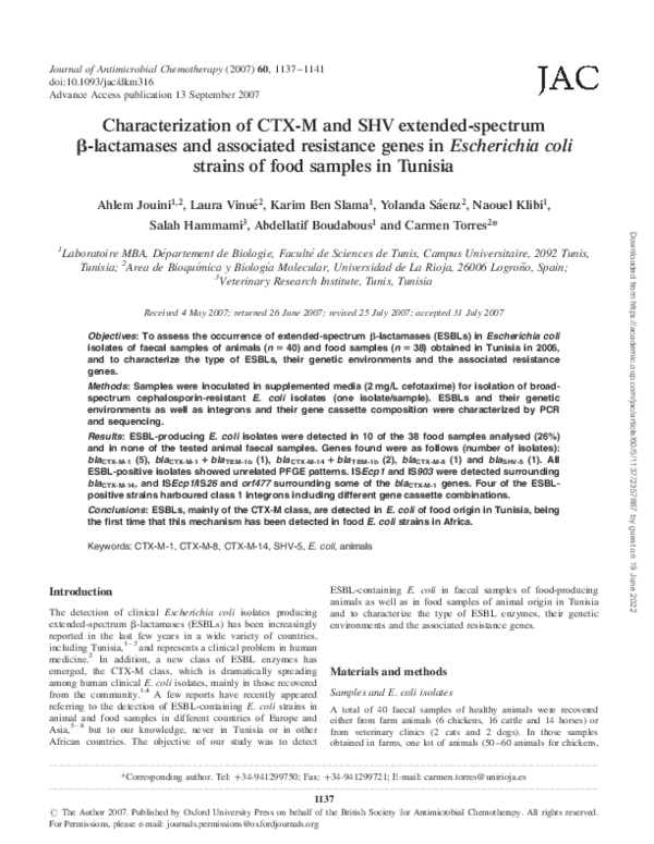 (PDF) Characterization of CTX-M and SHV extended-spectrum -lactamases ...