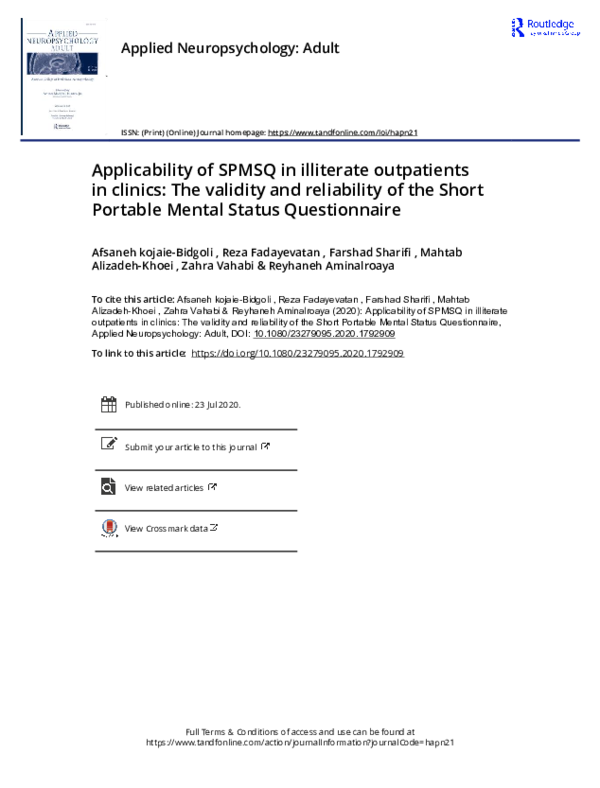 (PDF) Applicability of SPMSQ in illiterate outpatients in clinics: The ...