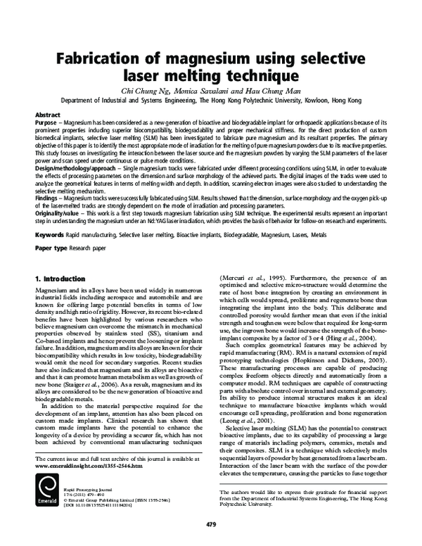 (PDF) Fabrication of magnesium using selective laser melting technique