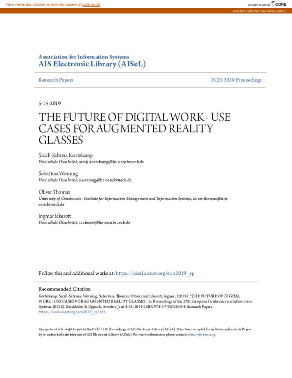 (PDF) The Future of Digital Work - Use Cases for Augmented Reality glasses