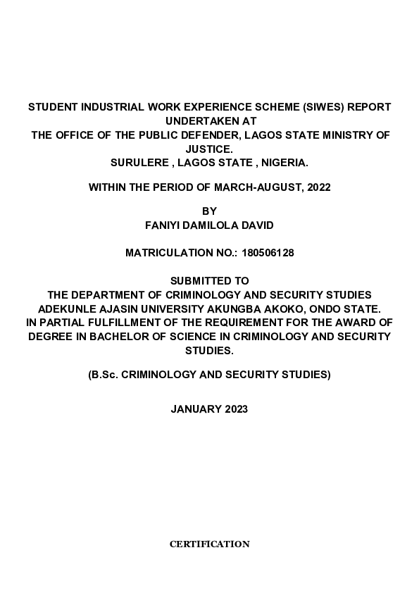 (DOC) STUDENT INDUSTRIAL WORK EXPERIENCE SCHEME (SIWES) REPORT Faniyi
