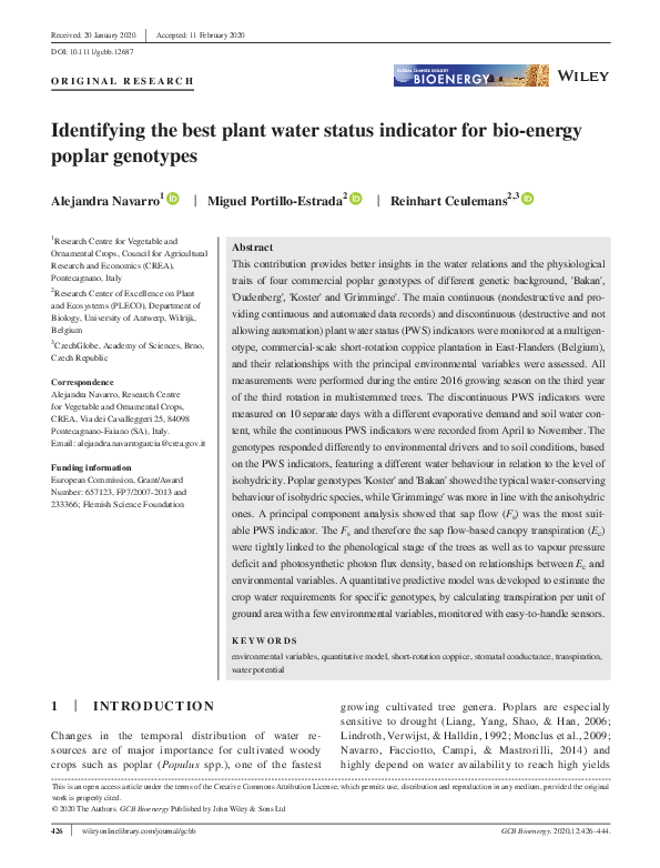 (PDF) Identifying the best plant water status indicator for bio‐energy