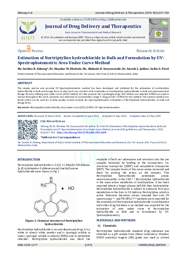 (PDF) Estimation of Nortriptyline hydrochloride in Bulk and Formulation ...