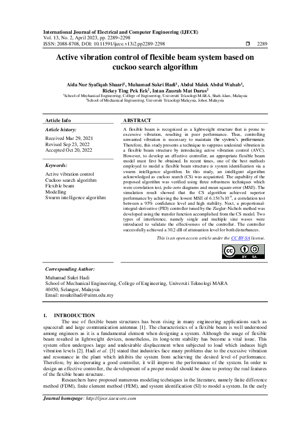 (PDF) Active vibration control of flexible beam system based on cuckoo ...