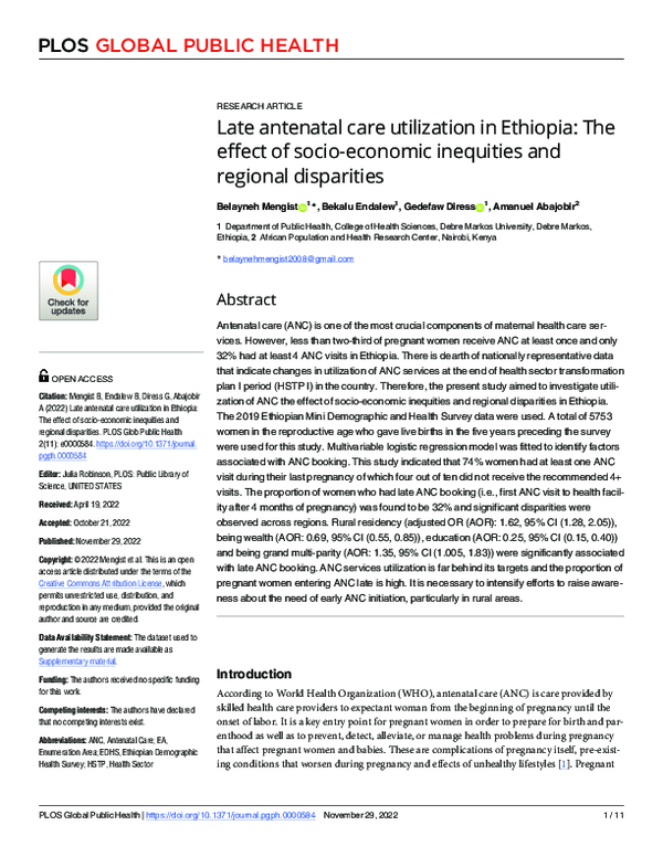 (PDF) Late antenatal care utilization in Ethiopia: The effect of socio ...