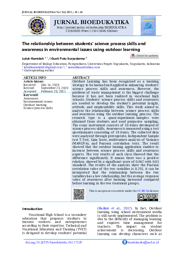 (PDF) The relationship between students' science process skills and ...