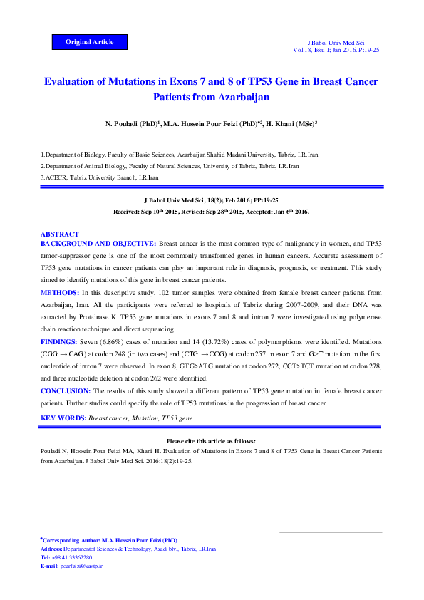 (PDF) Evaluation of Mutations in Exons 7 and 8 of TP53 Gene in Breast ...