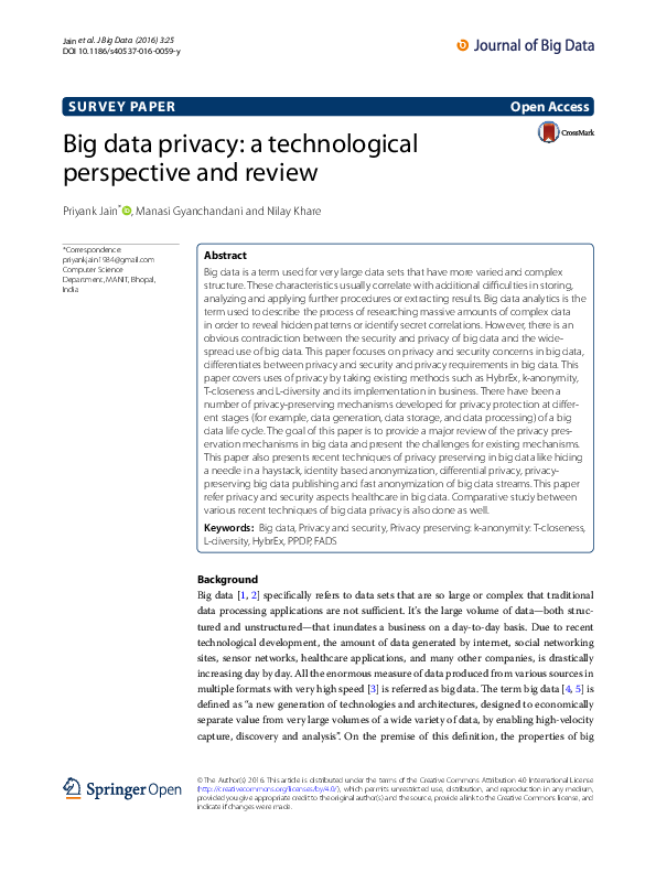 (PDF) Big data privacy: a technological perspective and review