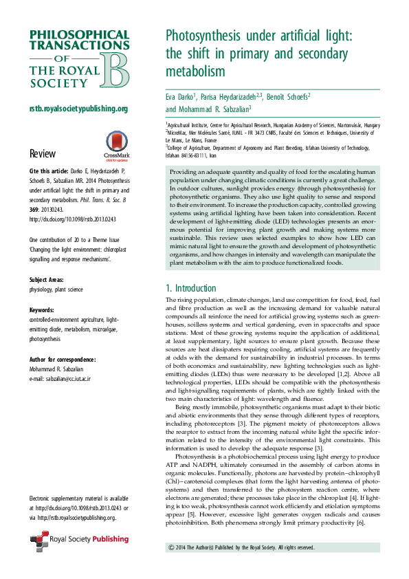 (PDF) Photosynthesis under artificial light the shift in primary and