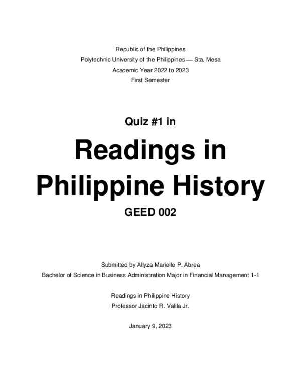 (PDF) QUIZ no. 1 (Readings in Philippine History) Allyza Marielle P