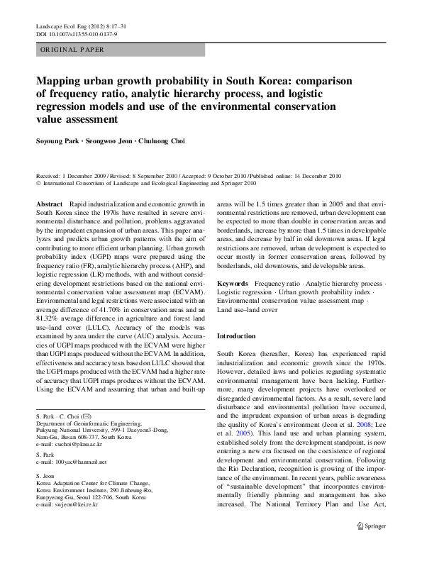 (PDF) Mapping urban growth probability in South Korea: comparison of ...
